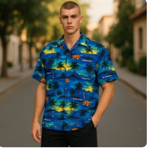 RIMA Silk Designer Silk Caribbean shirt blue tropic graphic - Picture 1 of 12